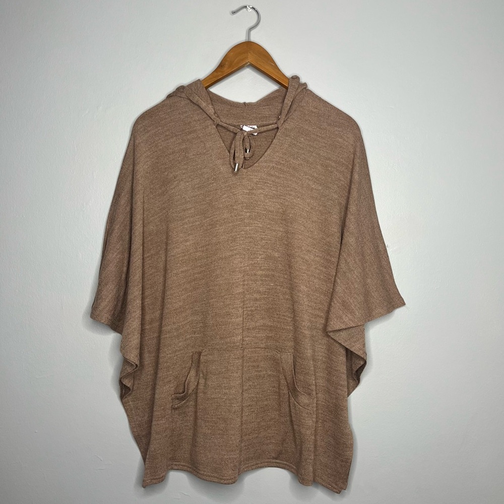 Selfie Leslie Brown Sleeveless Knit Pullover Hooded Sweater Poncho Sweatshirt C